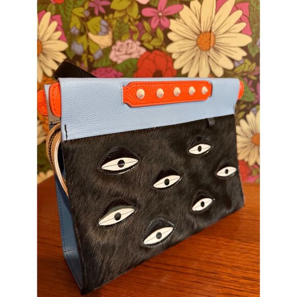 Min & Mon Vali Small Crossbody Handbag All Over Eyes Fur Black / Blue / Orange - Picture 3 of 13